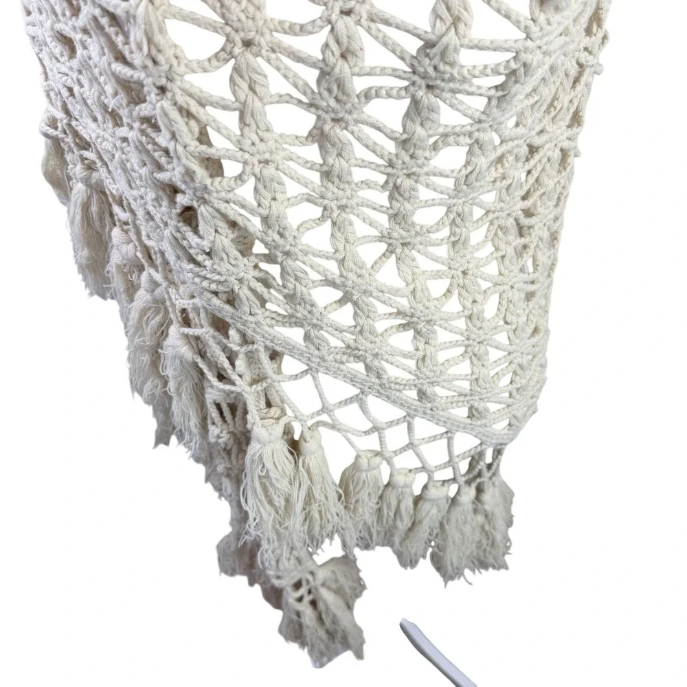 Handmade Wool Blend Crochet Wrap Shawl Beige Boho